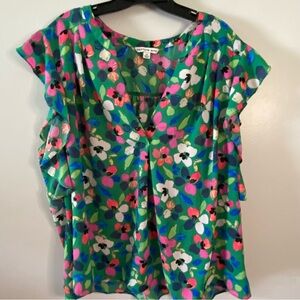 Zac & Rachel Blouse Women's 3X Green Pink Floral V-Neck Ruffle Sleeves Shirt Top